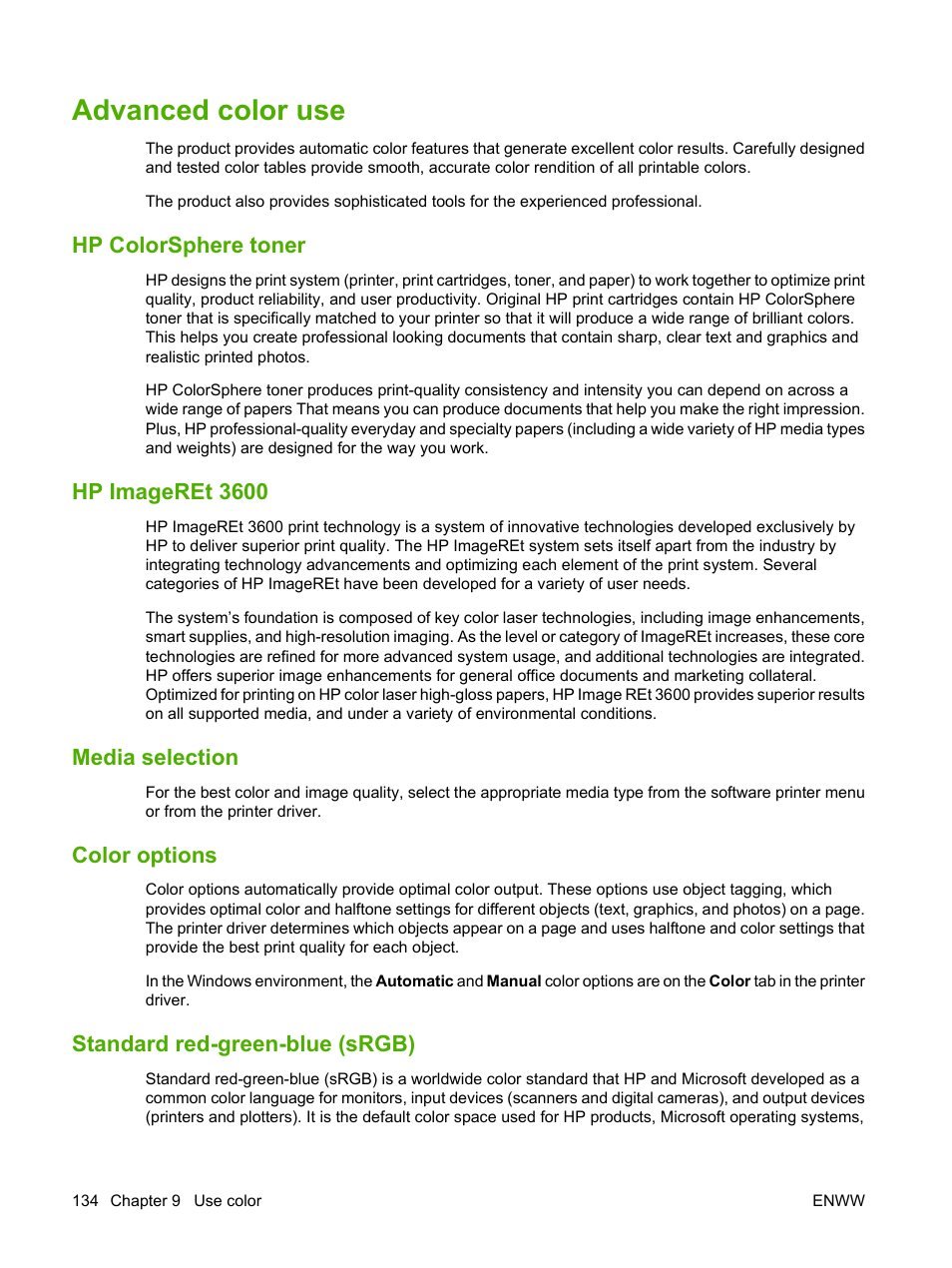 Advanced color use, Hp colorsphere toner, Hp imageret 3600 | Media selection, Color options, Standard red-green-blue (srgb) | HP CM3530 User Manual | Page 148 / 302