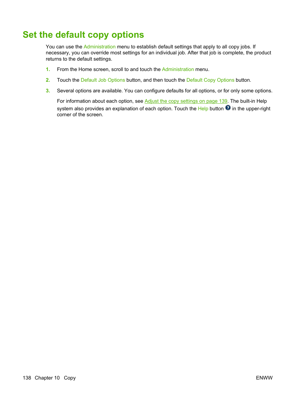 Set the default copy options | HP CM3530 User Manual | Page 152 / 302