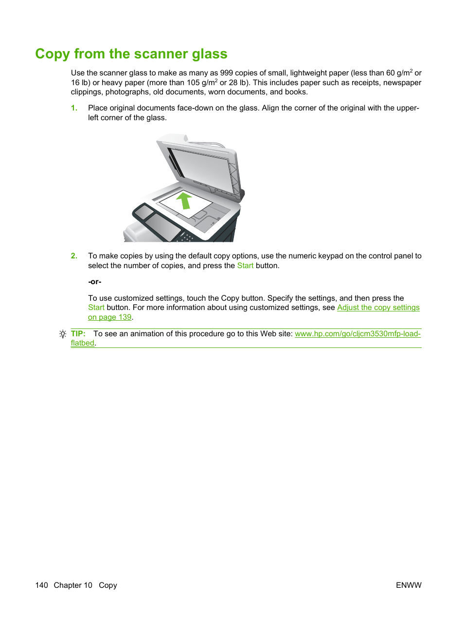 Copy from the scanner glass | HP CM3530 User Manual | Page 154 / 302