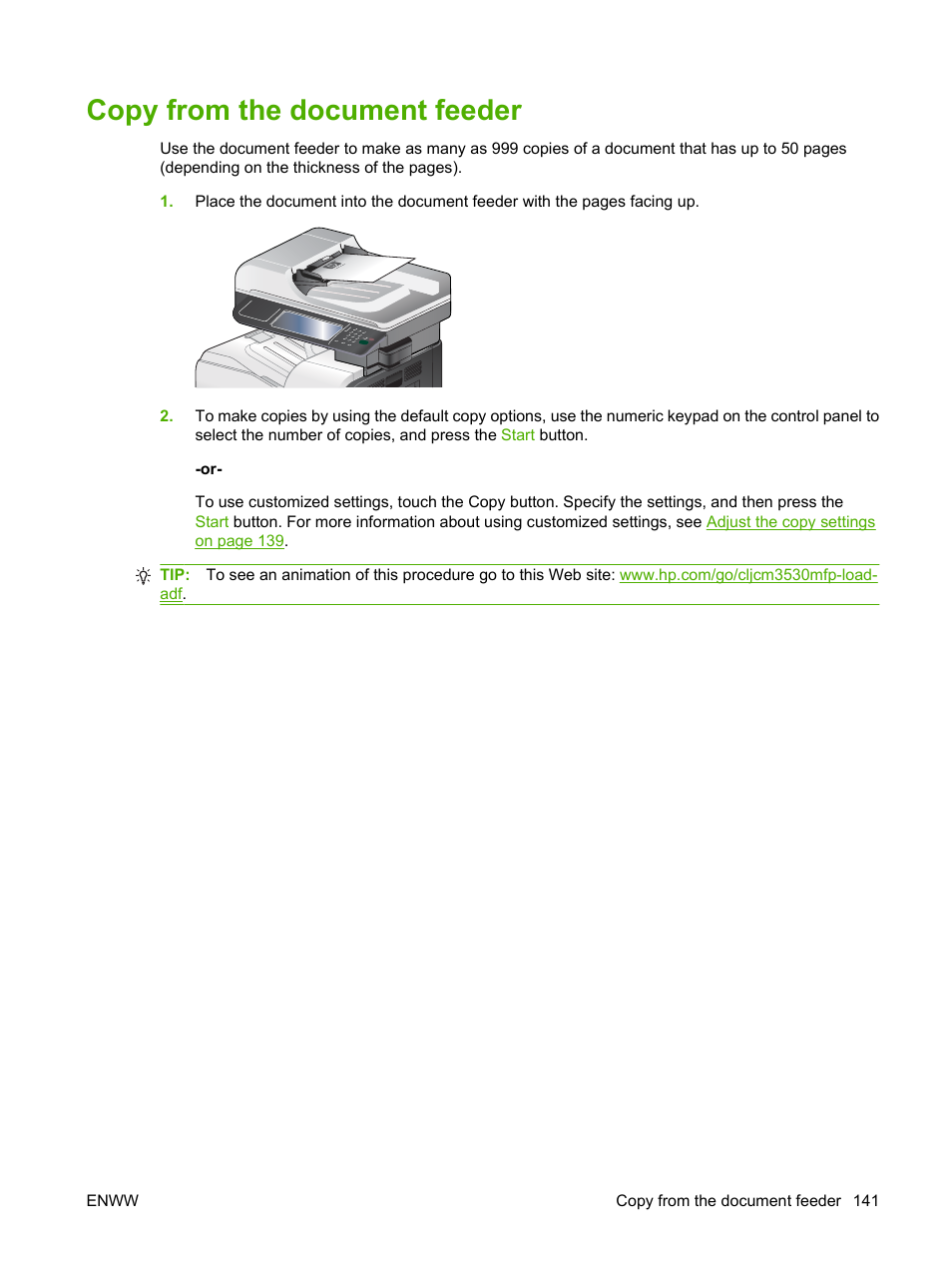 Copy from the document feeder | HP CM3530 User Manual | Page 155 / 302