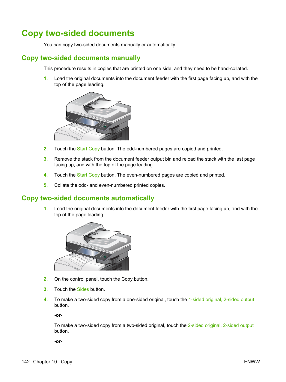Copy two-sided documents, Copy two-sided documents manually, Copy two-sided documents automatically | HP CM3530 User Manual | Page 156 / 302