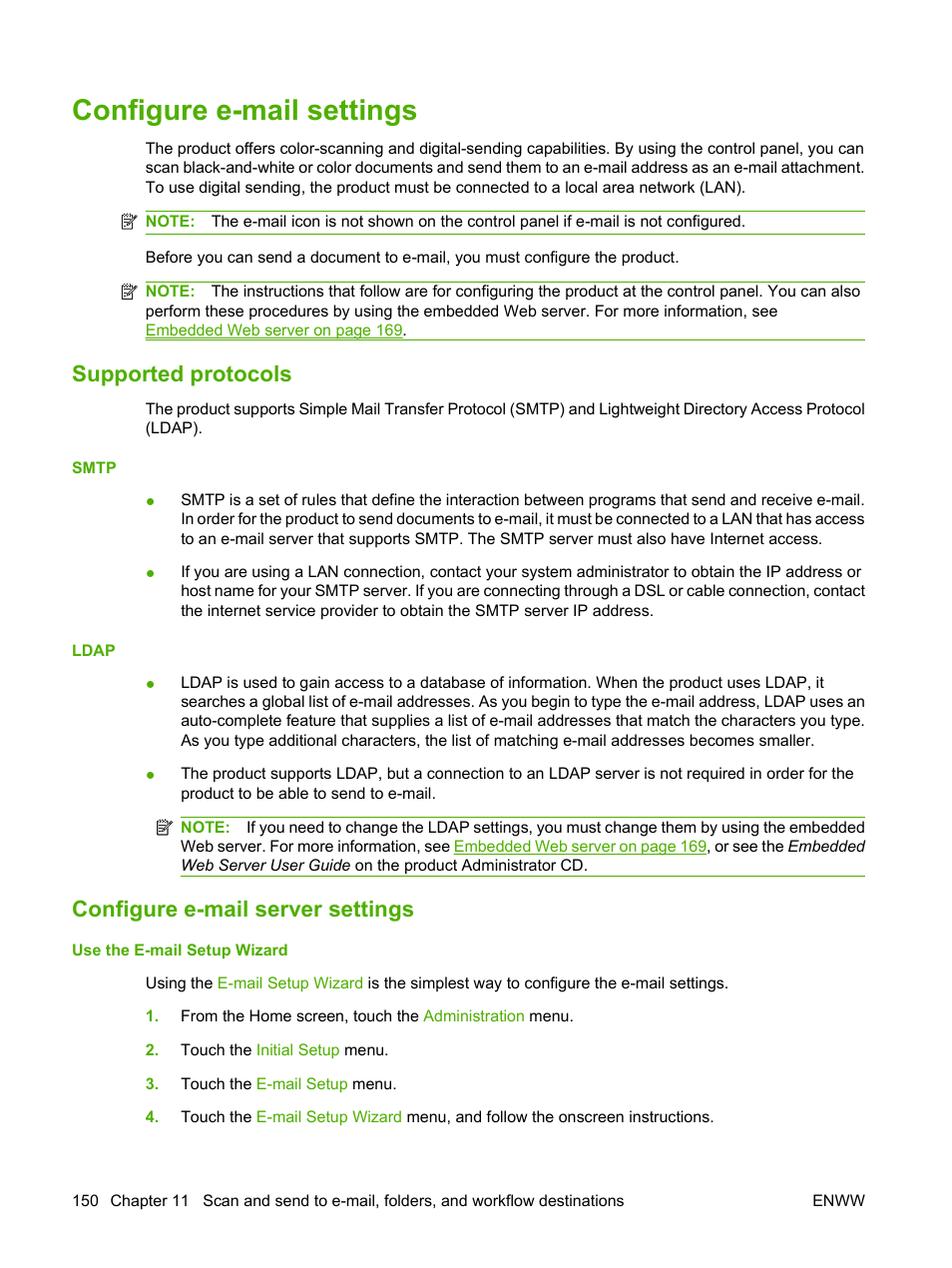 Configure e-mail settings, Supported protocols, Configure e-mail server settings | HP CM3530 User Manual | Page 164 / 302