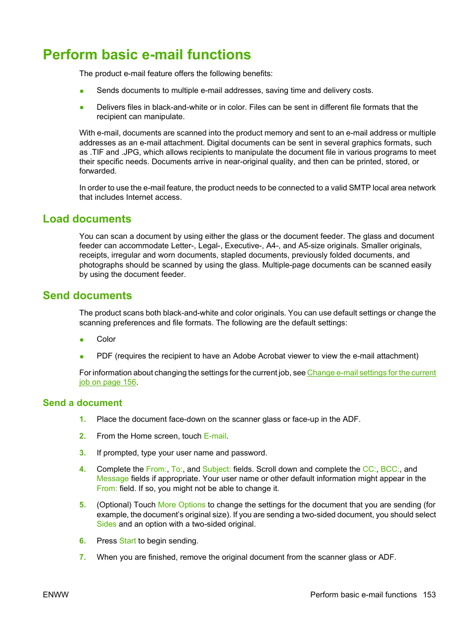 Perform basic e-mail functions, Load documents, Send documents | Send a document, Load documents send documents | HP CM3530 User Manual | Page 167 / 302