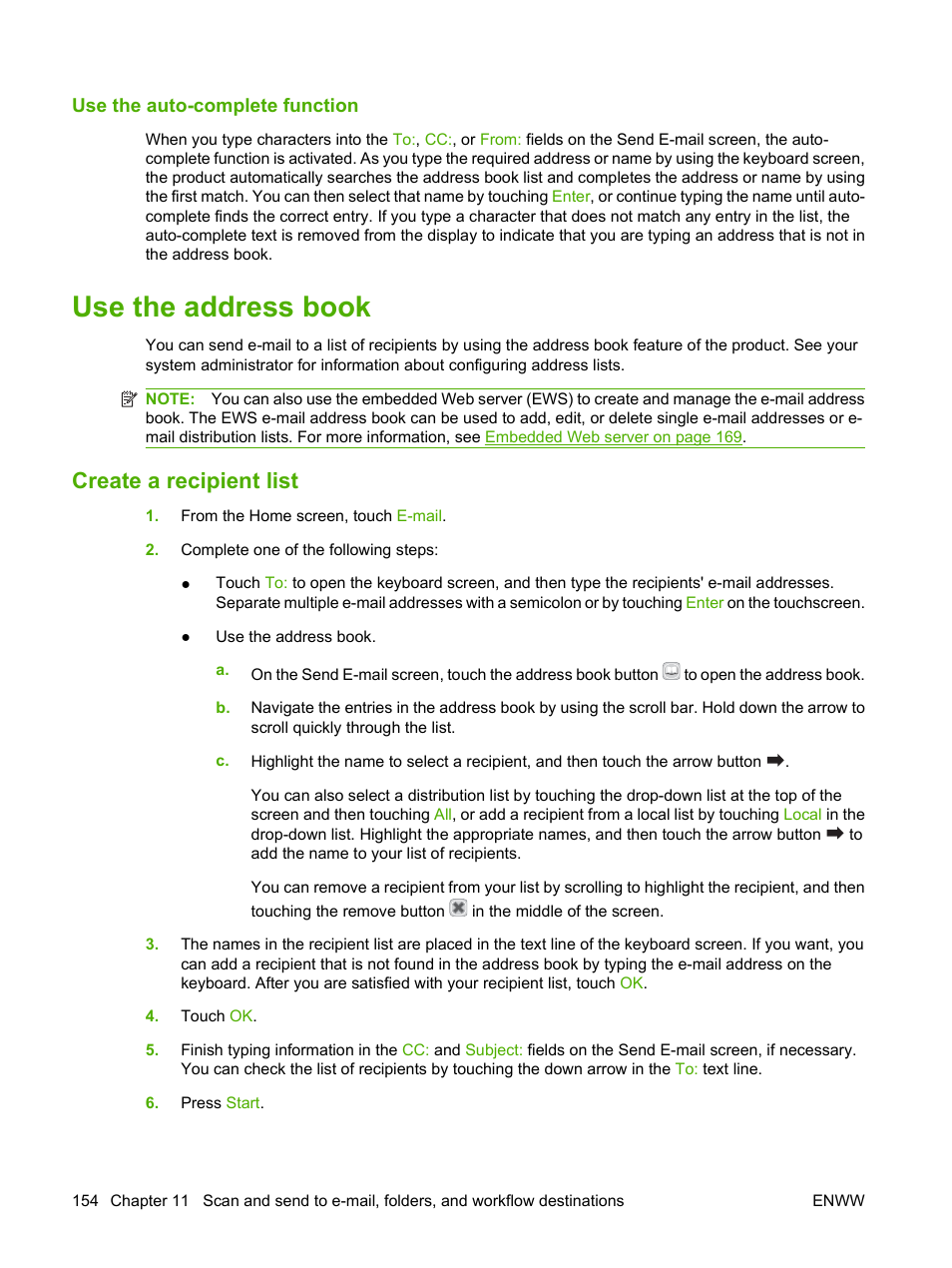 Use the auto-complete function, Use the address book, Create a recipient list | HP CM3530 User Manual | Page 168 / 302