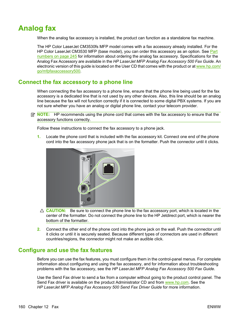 Analog fax, Connect the fax accessory to a phone line, Configure and use the fax features | HP CM3530 User Manual | Page 174 / 302