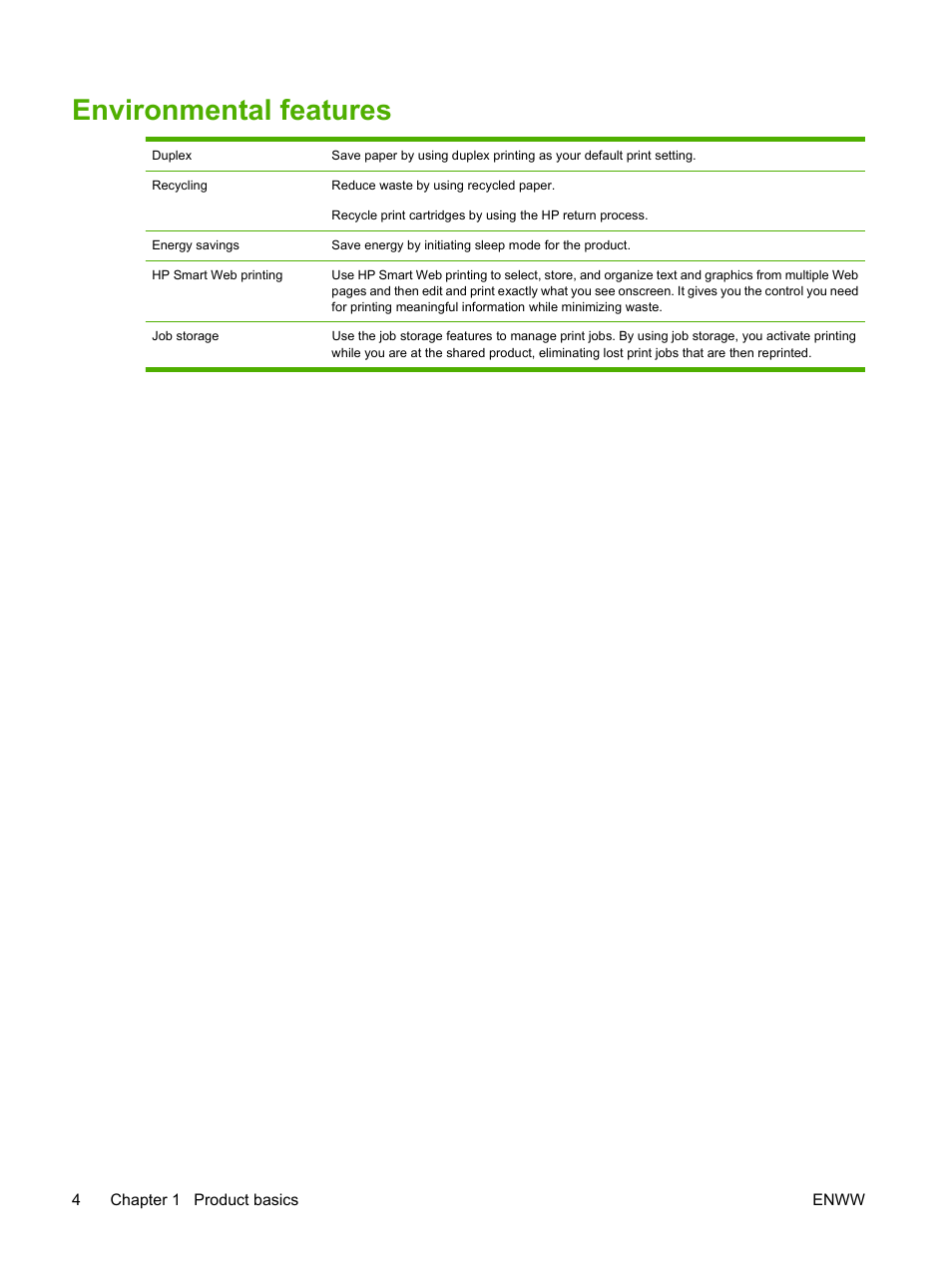 Environmental features | HP CM3530 User Manual | Page 18 / 302