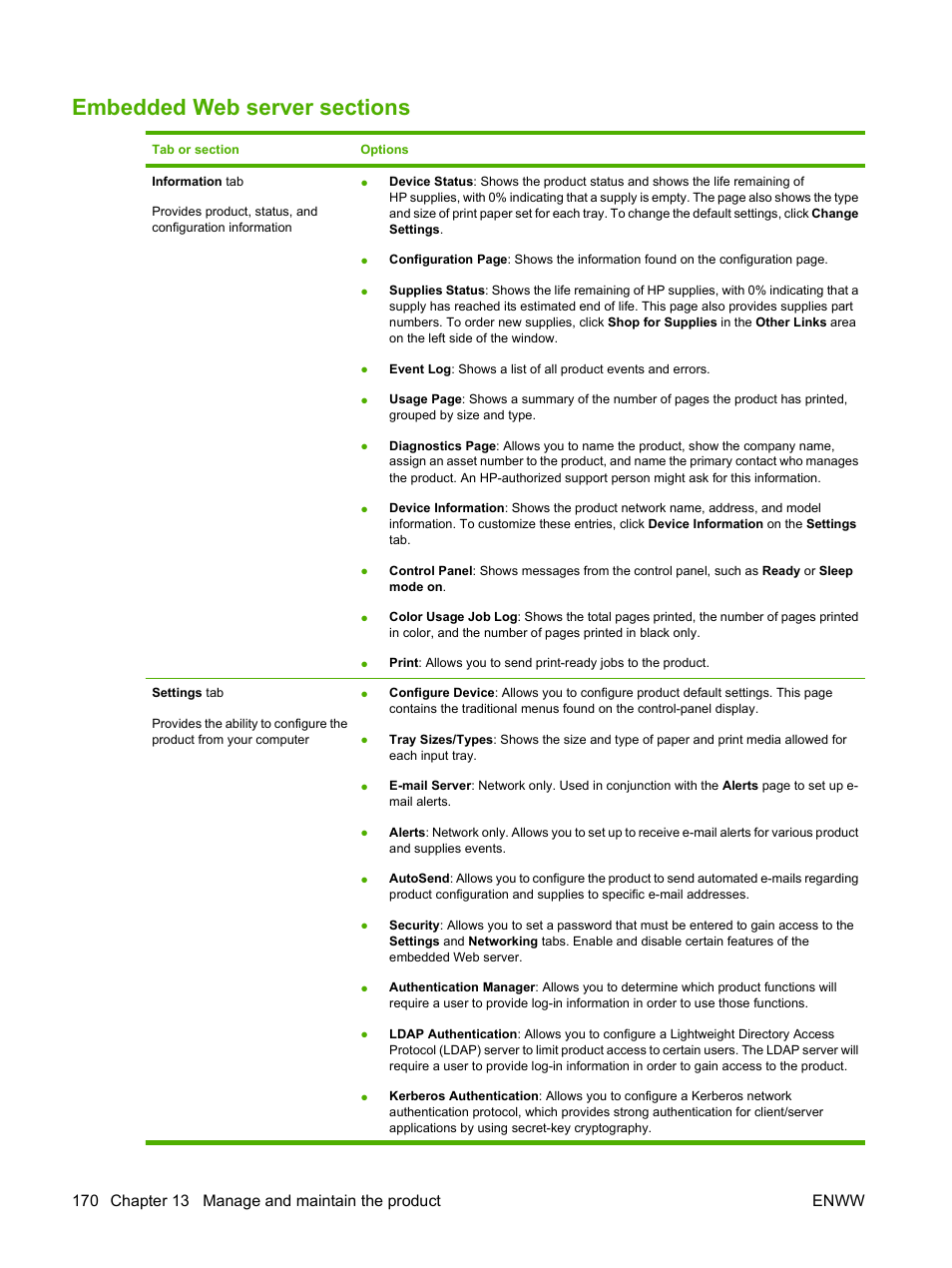 Embedded web server sections | HP CM3530 User Manual | Page 184 / 302