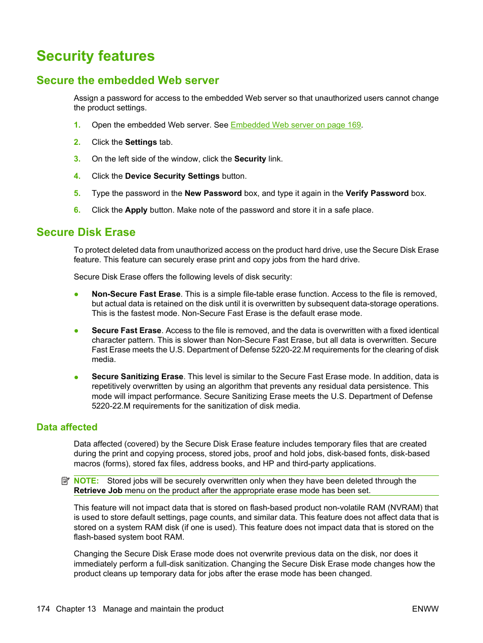 Security features, Secure the embedded web server, Secure disk erase | Data affected, Secure the embedded web server secure disk erase | HP CM3530 User Manual | Page 188 / 302