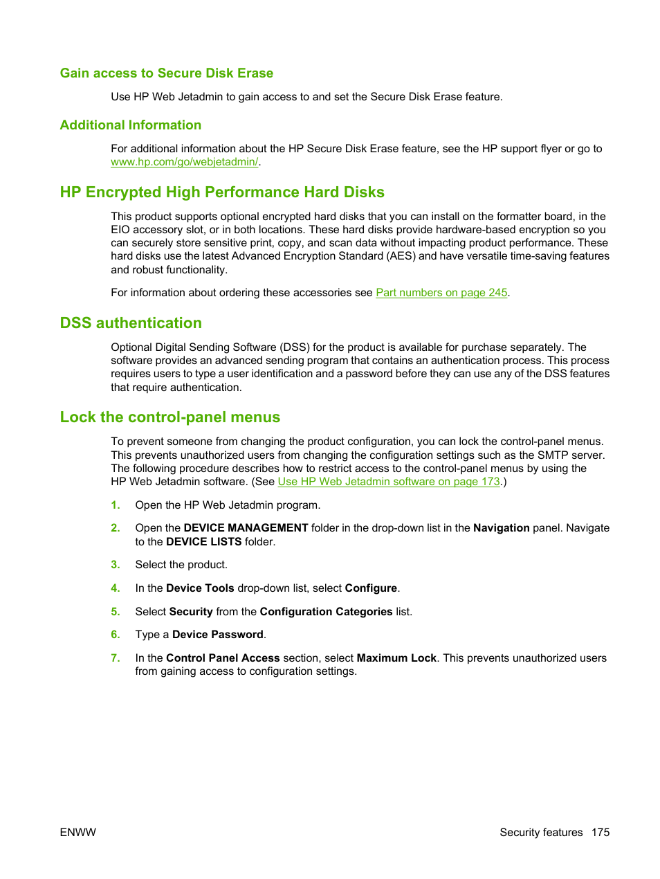 Gain access to secure disk erase, Additional information, Hp encrypted high performance hard disks | Dss authentication, Lock the control-panel menus | HP CM3530 User Manual | Page 189 / 302