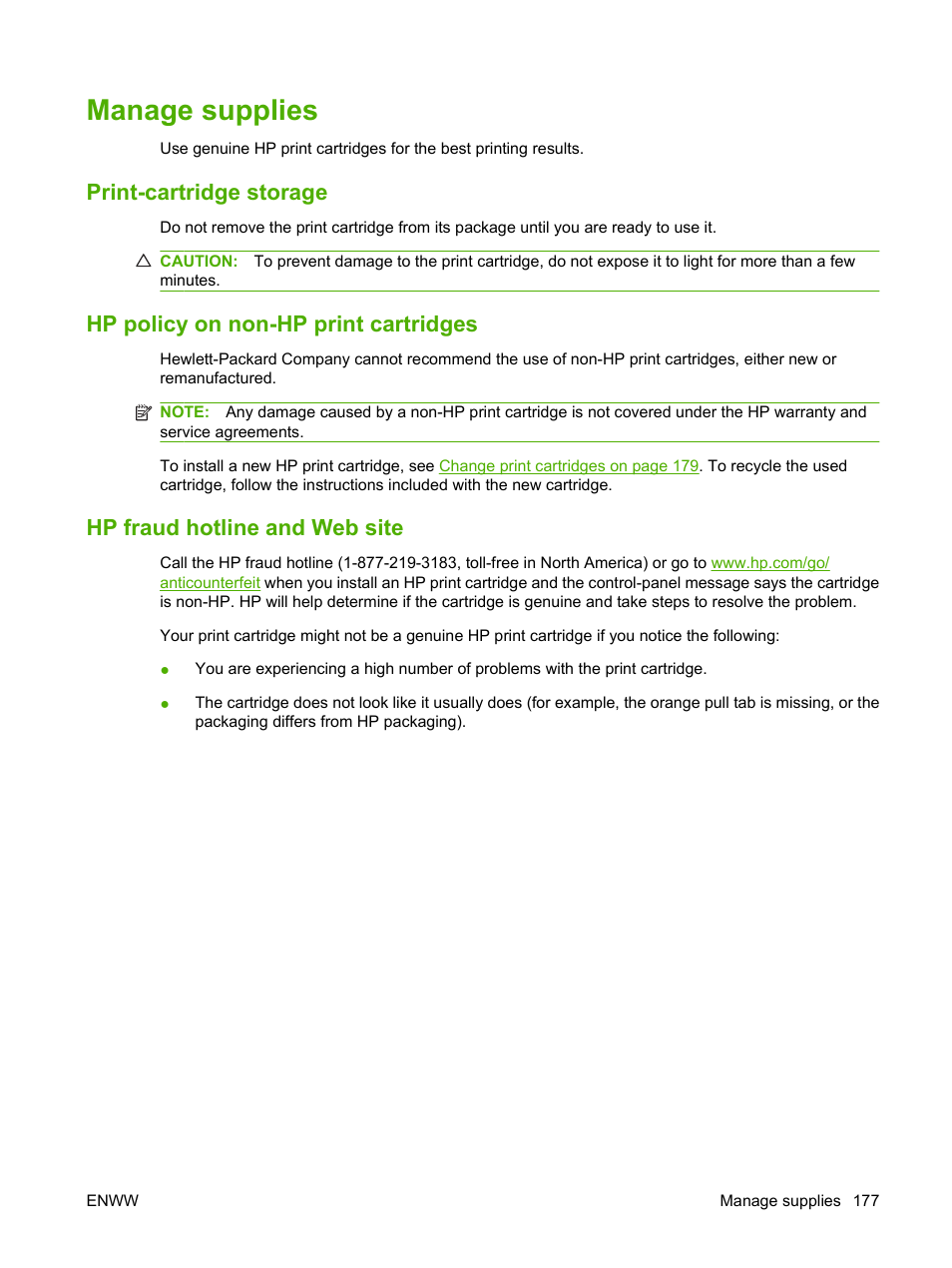 Manage supplies, Print-cartridge storage, Hp policy on non-hp print cartridges | Hp fraud hotline and web site | HP CM3530 User Manual | Page 191 / 302
