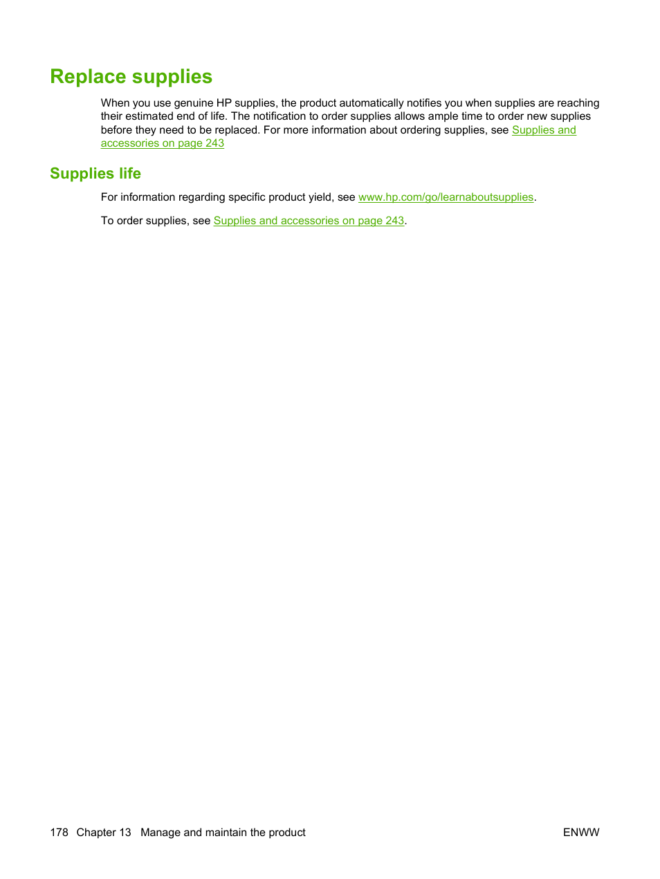Replace supplies, Supplies life | HP CM3530 User Manual | Page 192 / 302