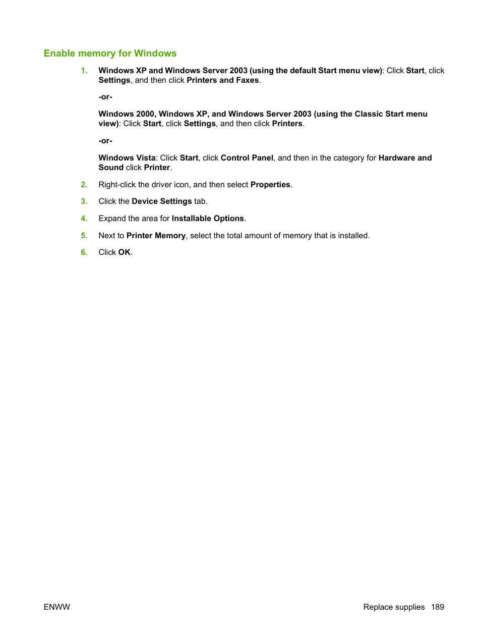 Enable memory for windows | HP CM3530 User Manual | Page 203 / 302