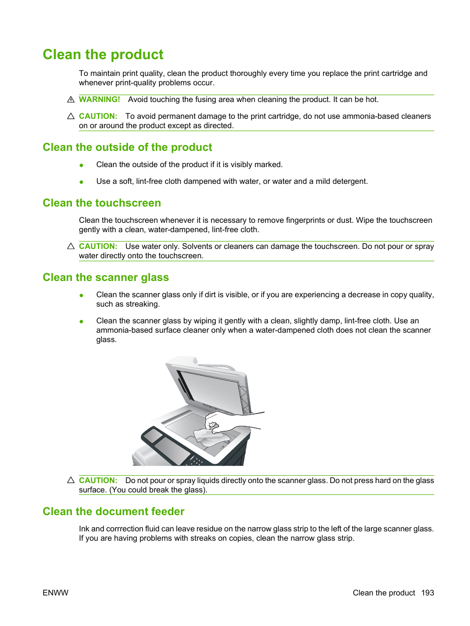 Clean the product, Clean the outside of the product, Clean the touchscreen | Clean the scanner glass, Clean the document feeder | HP CM3530 User Manual | Page 207 / 302