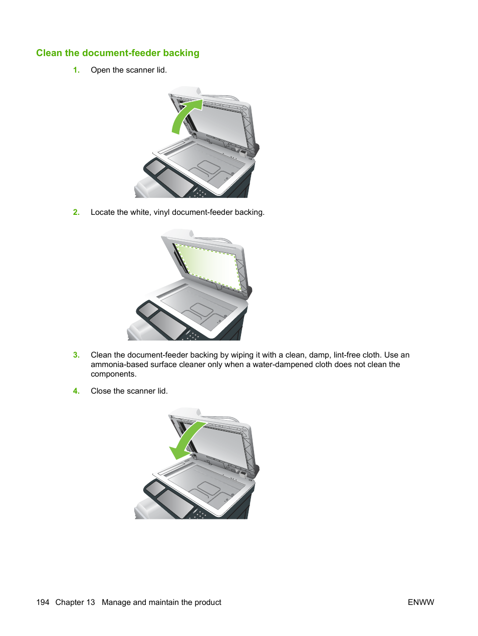 Clean the document-feeder backing | HP CM3530 User Manual | Page 208 / 302