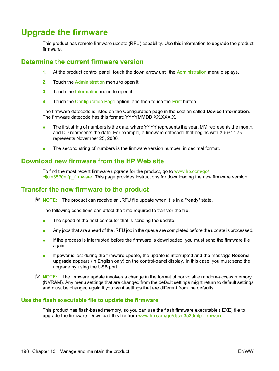 Upgrade the firmware, Determine the current firmware version, Download new firmware from the hp web site | Transfer the new firmware to the product | HP CM3530 User Manual | Page 212 / 302