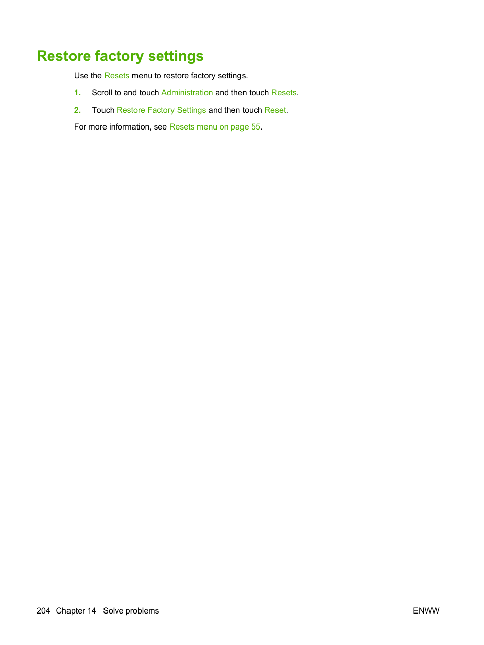 Restore factory settings | HP CM3530 User Manual | Page 218 / 302
