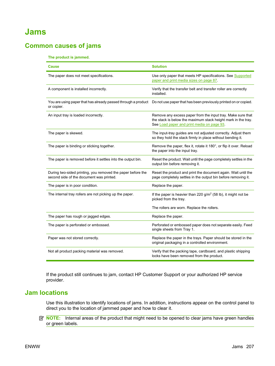 Jams, Common causes of jams, Jam locations | Common causes of jams jam locations | HP CM3530 User Manual | Page 221 / 302