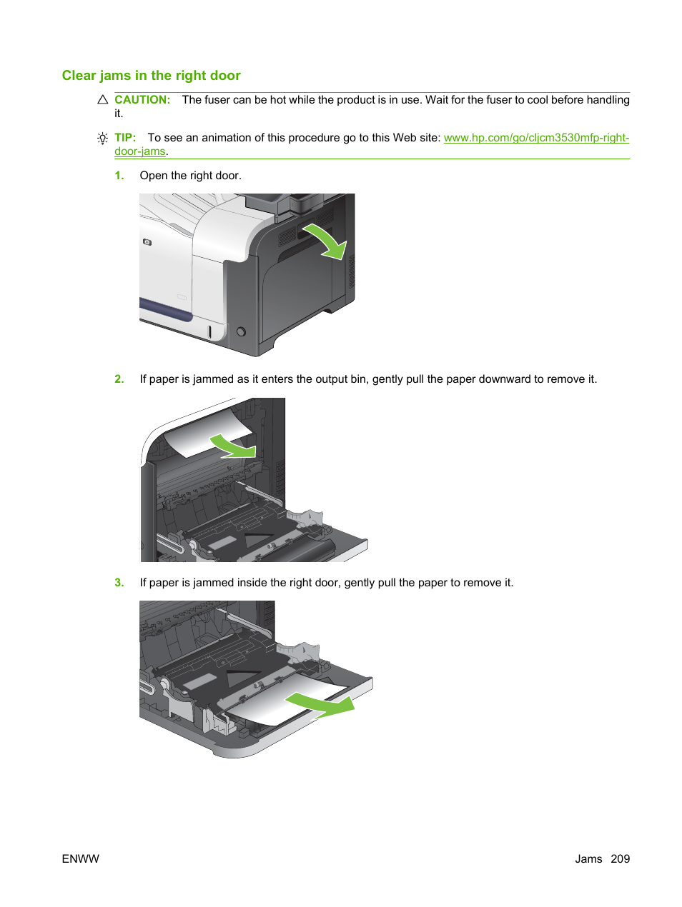Clear jams in the right door | HP CM3530 User Manual | Page 223 / 302