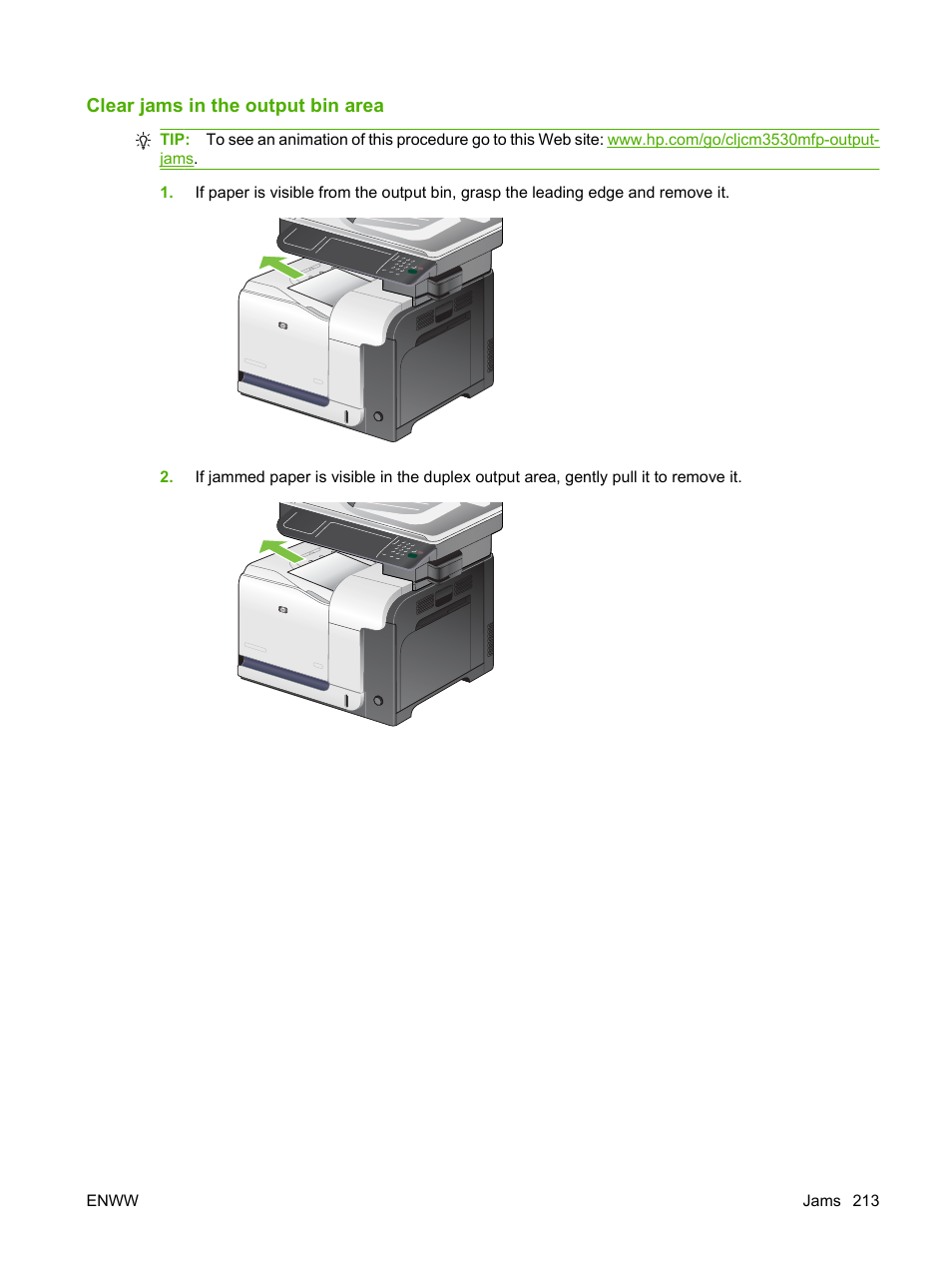 Clear jams in the output bin area | HP CM3530 User Manual | Page 227 / 302