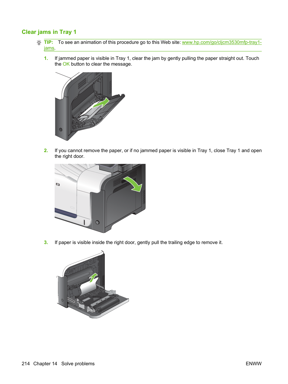 Clear jams in tray 1 | HP CM3530 User Manual | Page 228 / 302