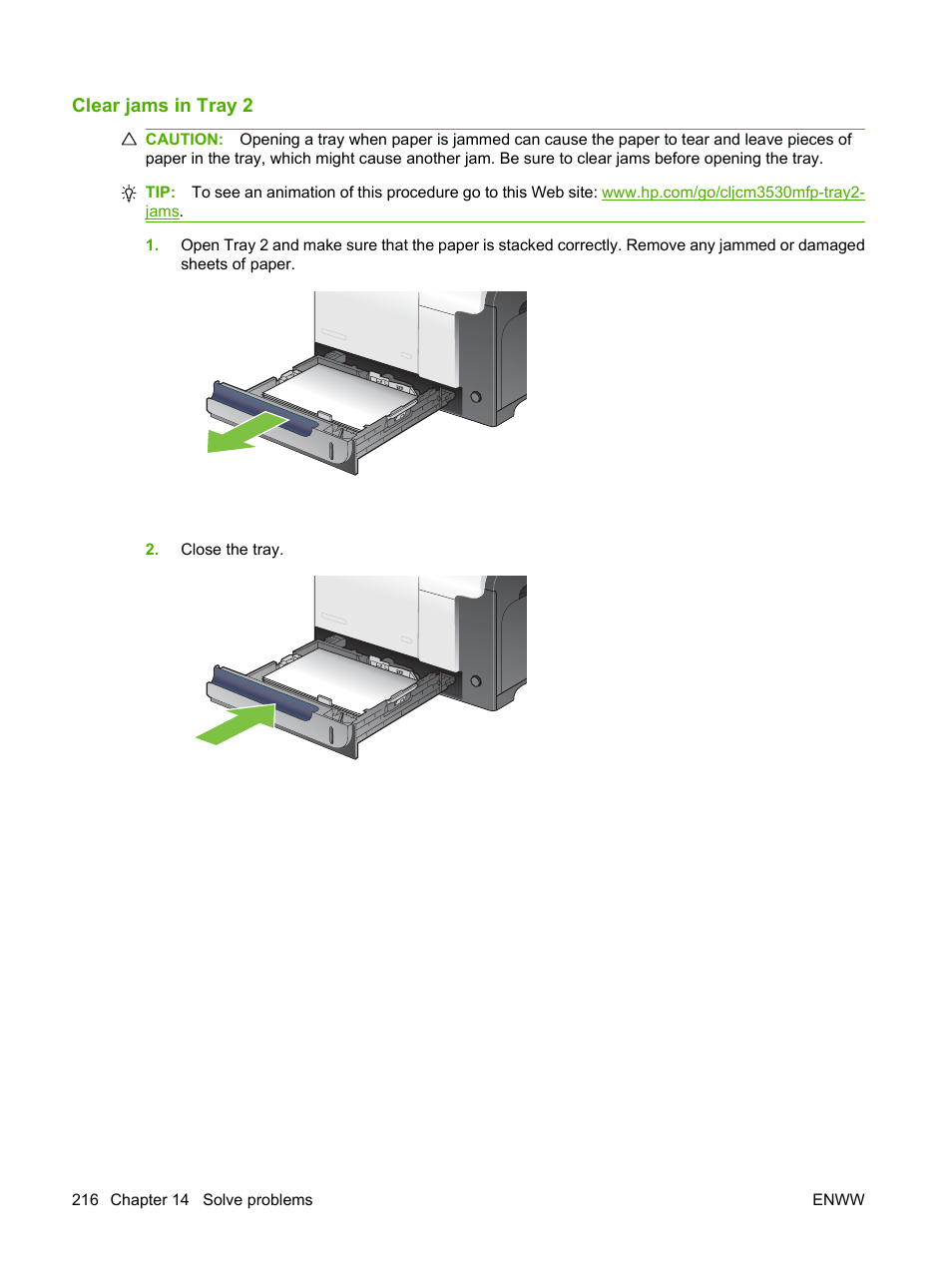 Clear jams in tray 2 | HP CM3530 User Manual | Page 230 / 302