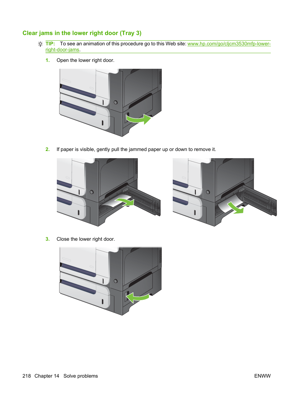 Clear jams in the lower right door (tray 3) | HP CM3530 User Manual | Page 232 / 302