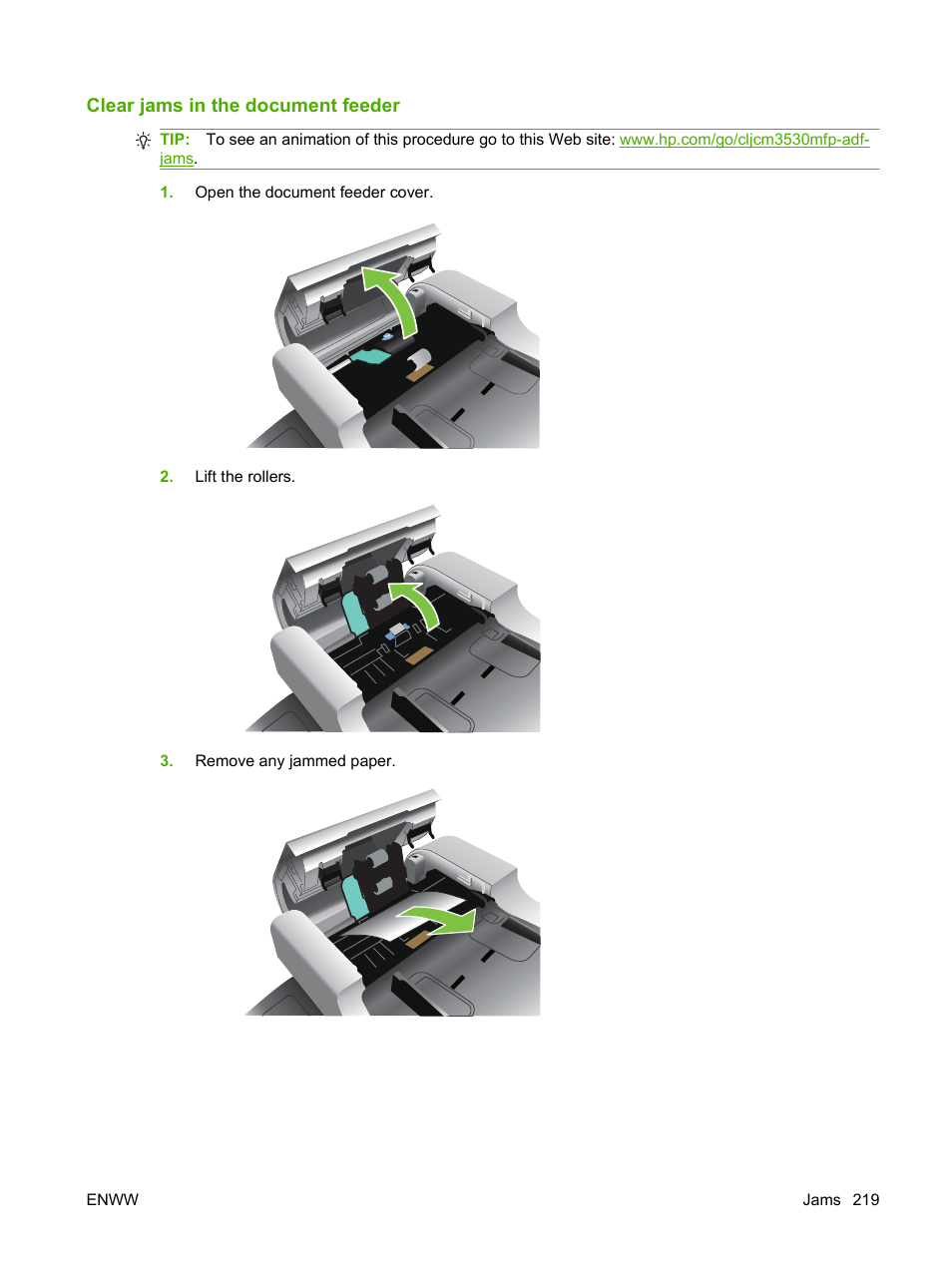 Clear jams in the document feeder | HP CM3530 User Manual | Page 233 / 302