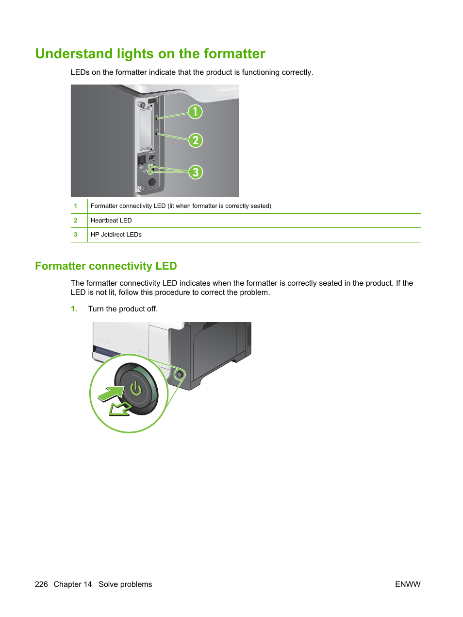 Understand lights on the formatter, Formatter connectivity led, Understand lights on the | HP CM3530 User Manual | Page 240 / 302