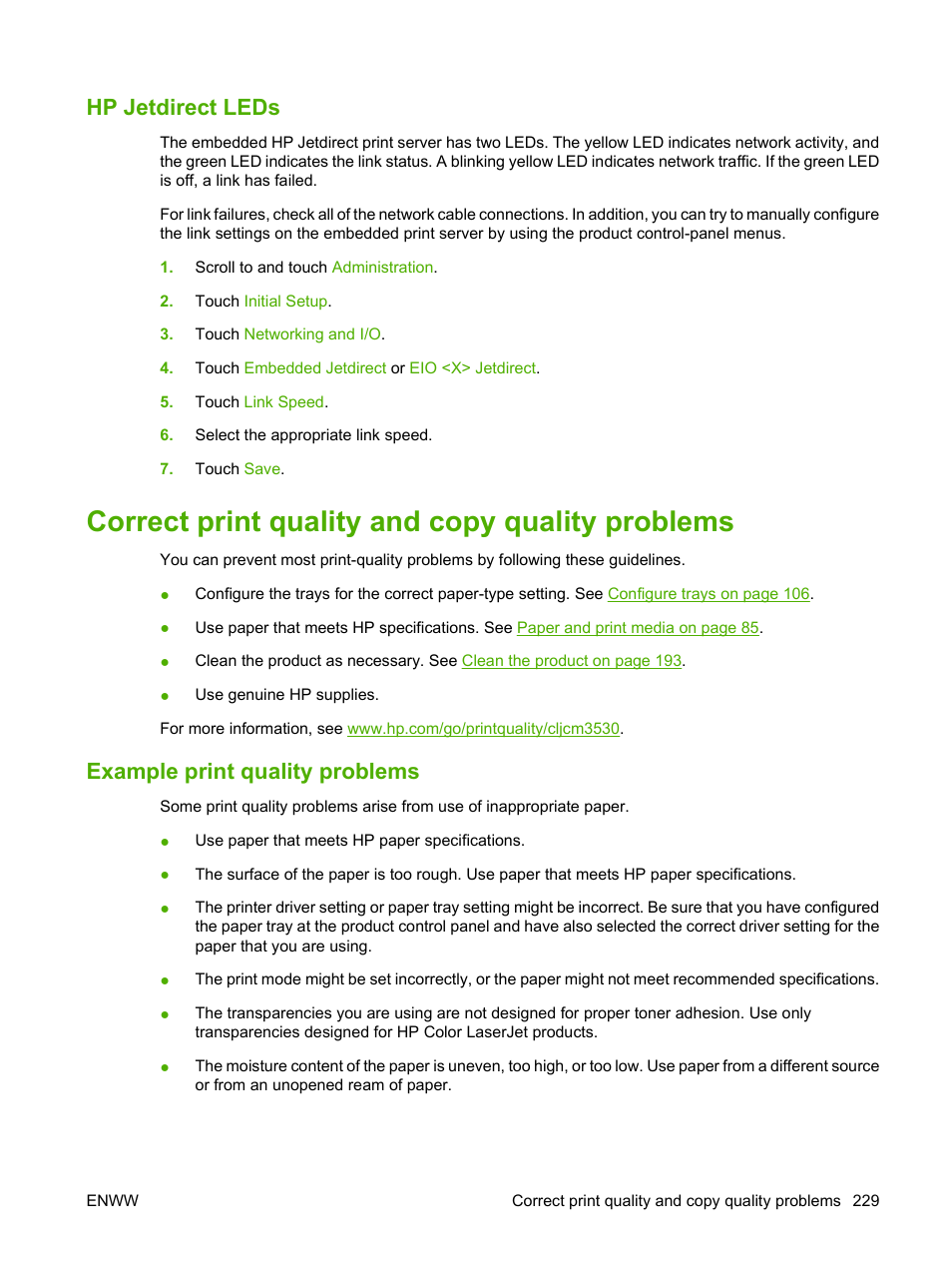 Hp jetdirect leds, Correct print quality and copy quality problems, Example print quality problems | HP CM3530 User Manual | Page 243 / 302