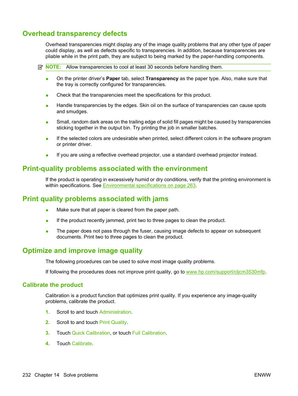 Overhead transparency defects, Print quality problems associated with jams, Optimize and improve image quality | Calibrate the product | HP CM3530 User Manual | Page 246 / 302