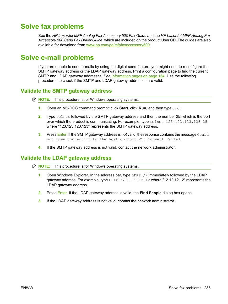 Solve fax problems, Solve e-mail problems, Validate the smtp gateway address | Validate the ldap gateway address, Solve fax problems solve e-mail problems | HP CM3530 User Manual | Page 249 / 302