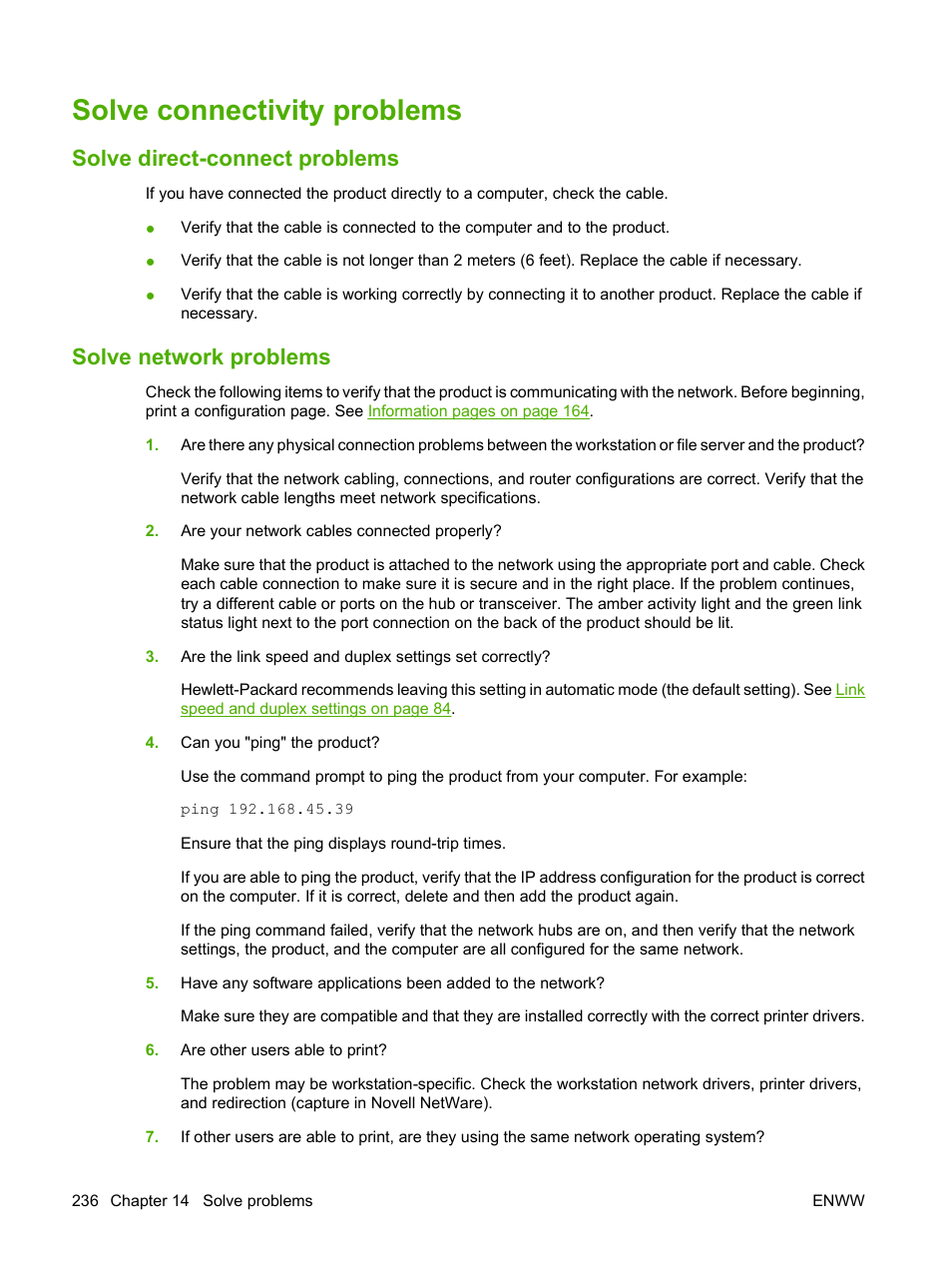 Solve connectivity problems, Solve direct-connect problems, Solve network problems | HP CM3530 User Manual | Page 250 / 302