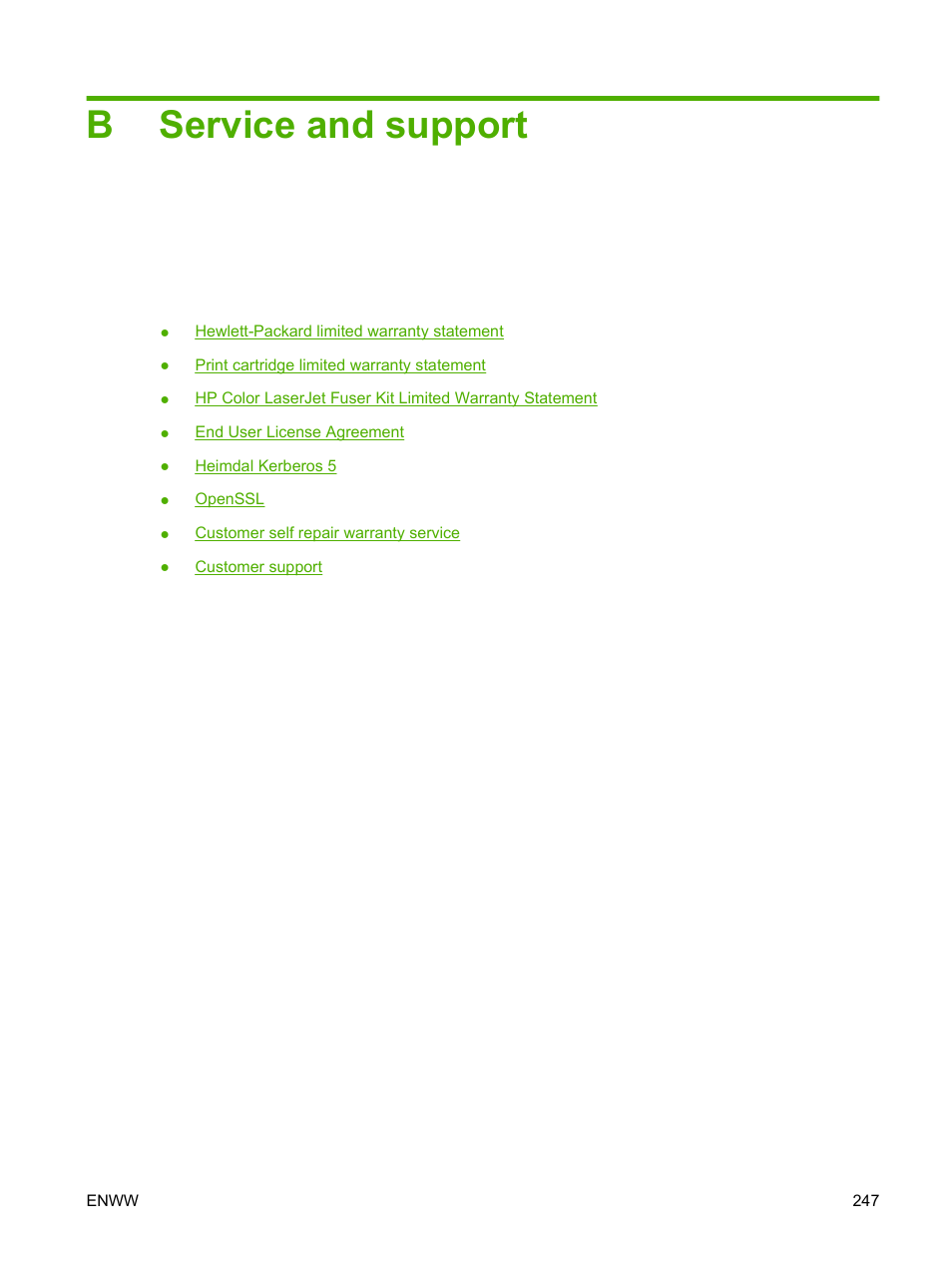 Service and support, Appendix b service and support, Bservice and support | HP CM3530 User Manual | Page 261 / 302