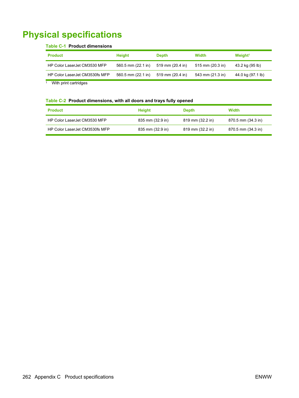 Physical specifications | HP CM3530 User Manual | Page 276 / 302