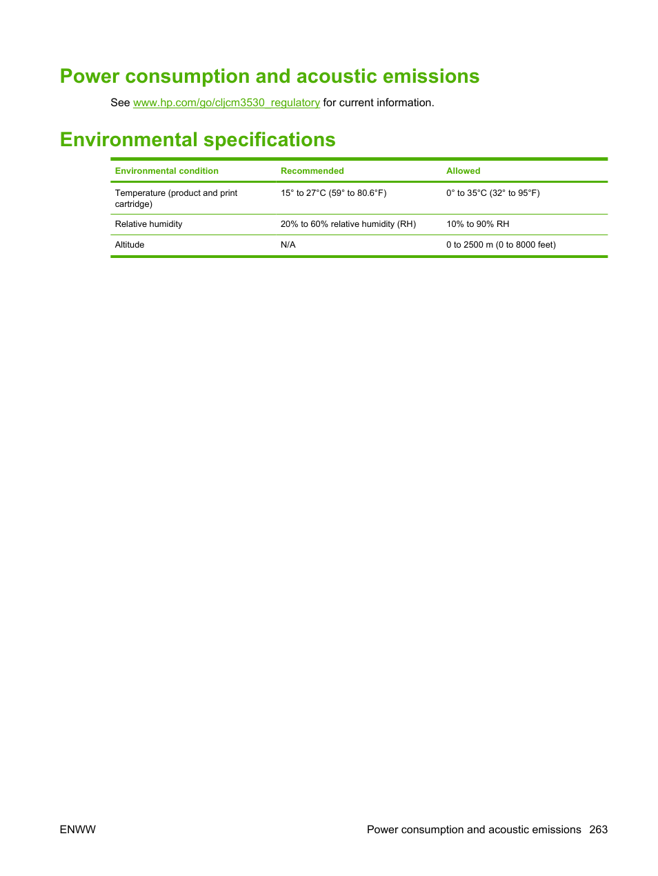 Power consumption and acoustic emissions, Environmental specifications | HP CM3530 User Manual | Page 277 / 302