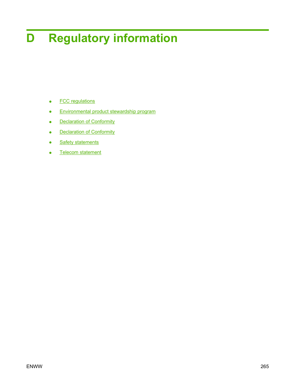 Regulatory information, Appendix d regulatory information, Dregulatory information | HP CM3530 User Manual | Page 279 / 302