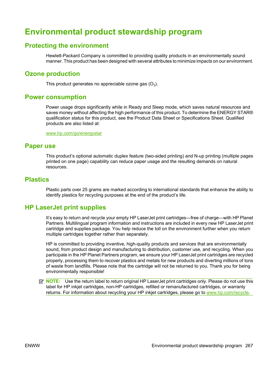 Environmental product stewardship program, Protecting the environment, Ozone production | Power consumption, Paper use, Plastics, Hp laserjet print supplies | HP CM3530 User Manual | Page 281 / 302