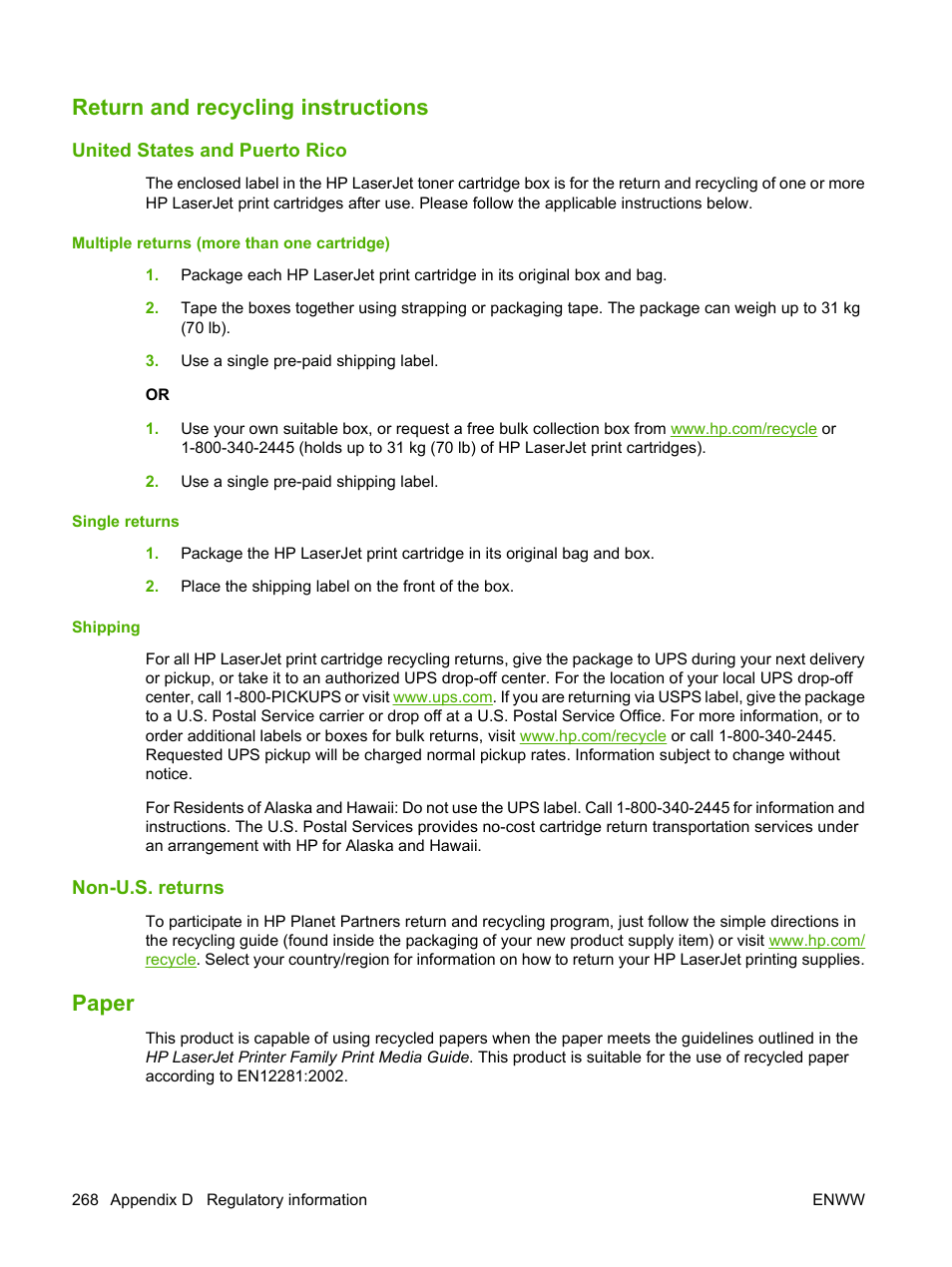Return and recycling instructions, United states and puerto rico, Multiple returns (more than one cartridge) | Single returns, Shipping, Non-u.s. returns, Paper | HP CM3530 User Manual | Page 282 / 302