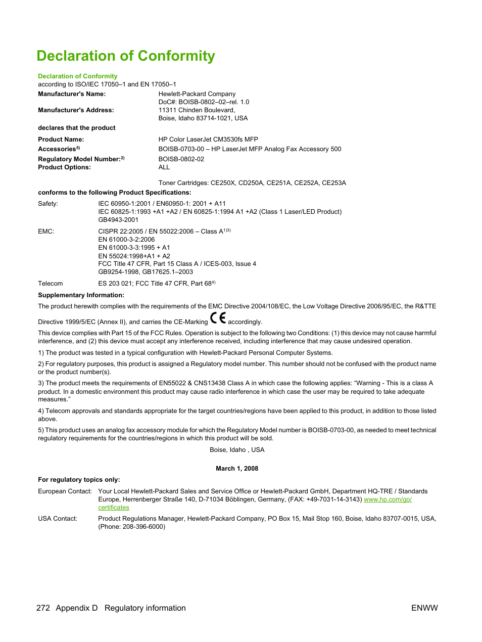 Declaration of conformity, 272 appendix d regulatory information enww | HP CM3530 User Manual | Page 286 / 302