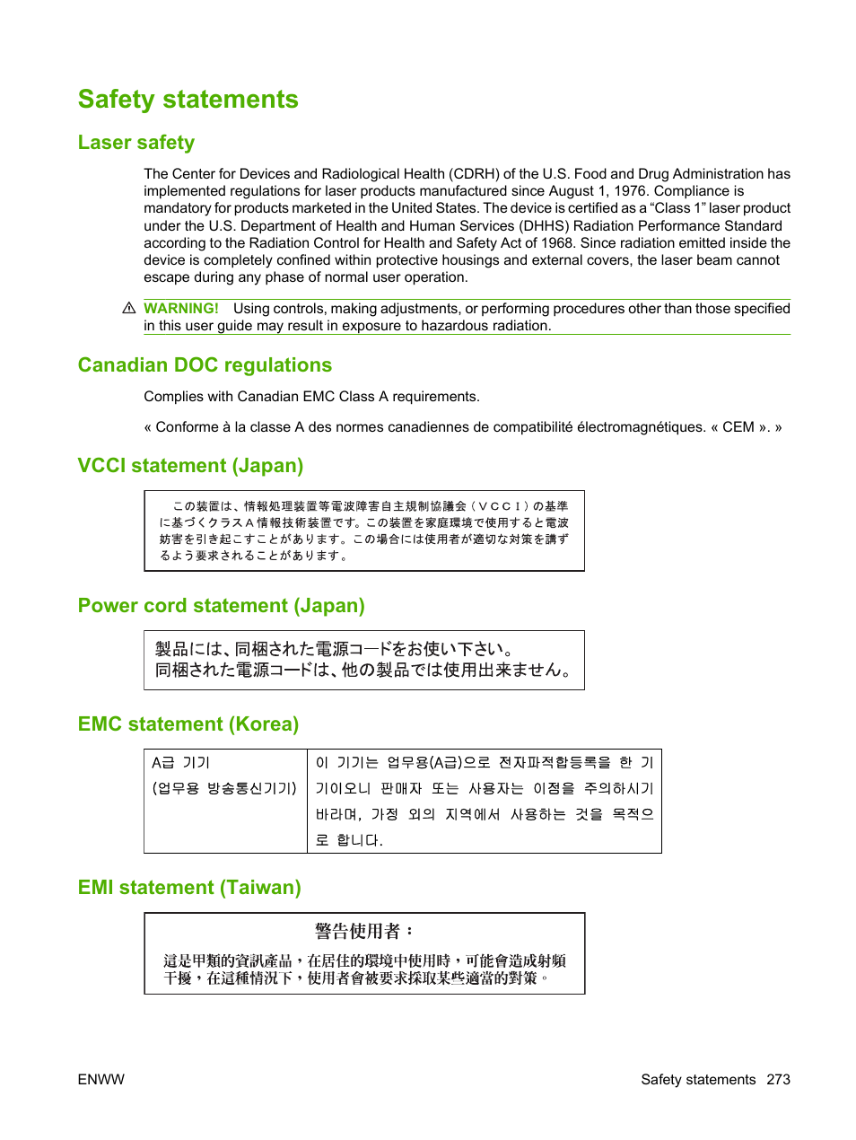 Safety statements, Laser safety, Canadian doc regulations | Vcci statement (japan), Power cord statement (japan), Emc statement (korea), Emi statement (taiwan) | HP CM3530 User Manual | Page 287 / 302