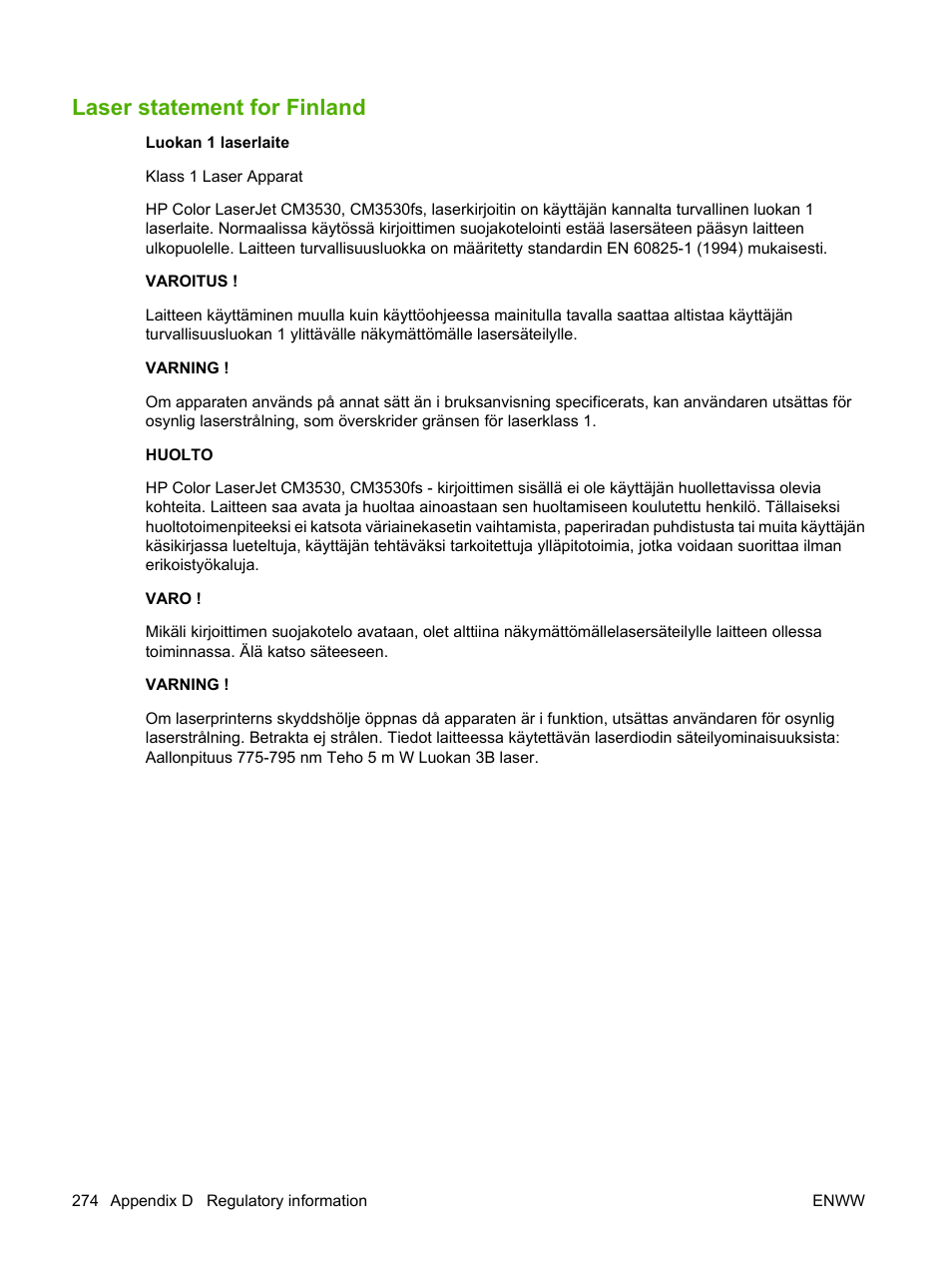 Laser statement for finland | HP CM3530 User Manual | Page 288 / 302