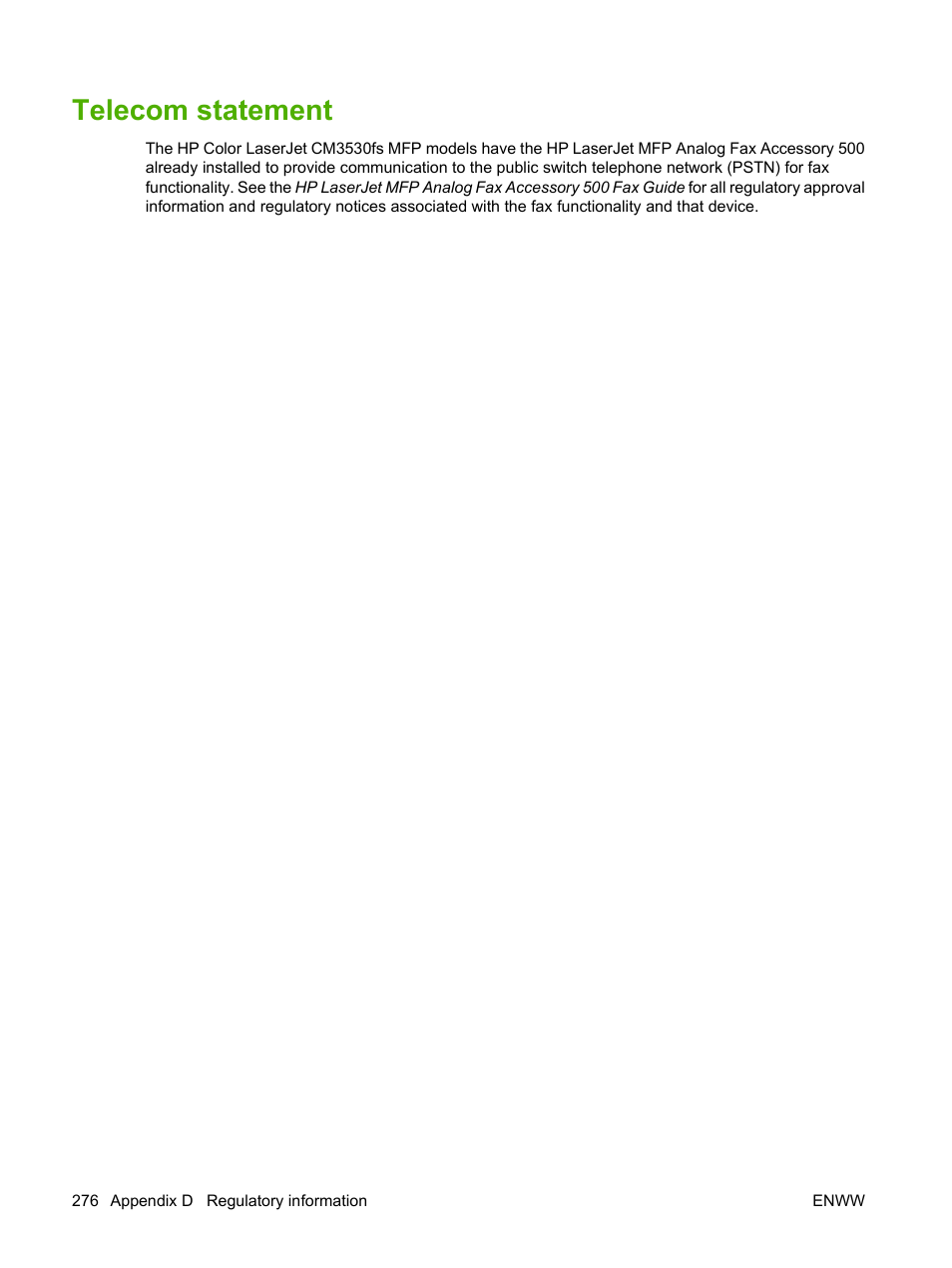 Telecom statement | HP CM3530 User Manual | Page 290 / 302