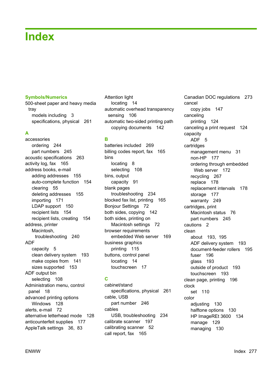 Index | HP CM3530 User Manual | Page 291 / 302