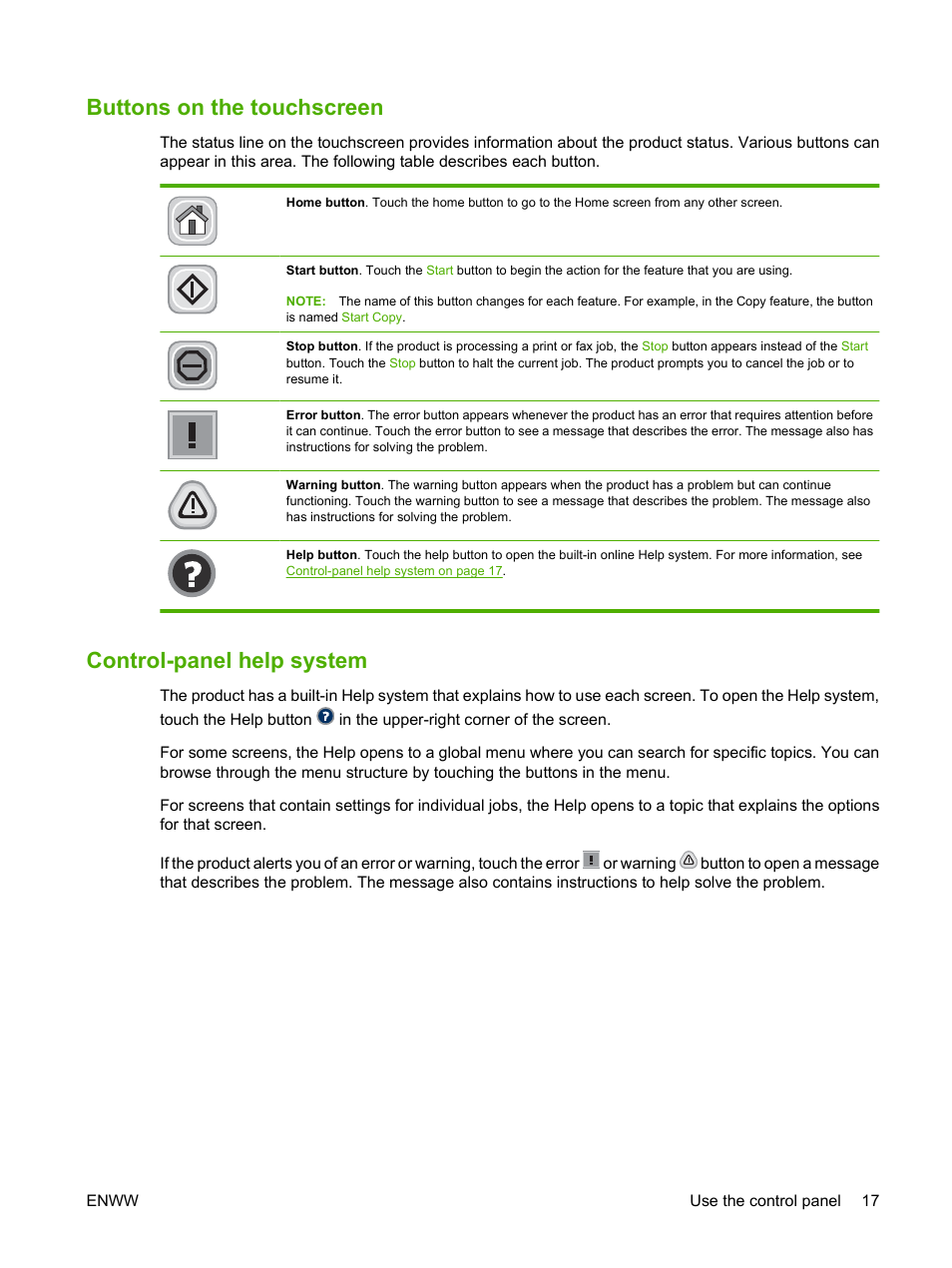 Buttons on the touchscreen, Control-panel help system | HP CM3530 User Manual | Page 31 / 302