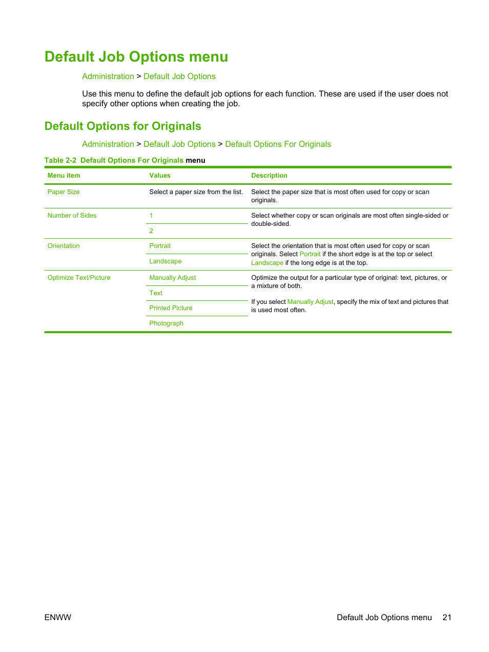 Default job options menu, Default options for originals | HP CM3530 User Manual | Page 35 / 302