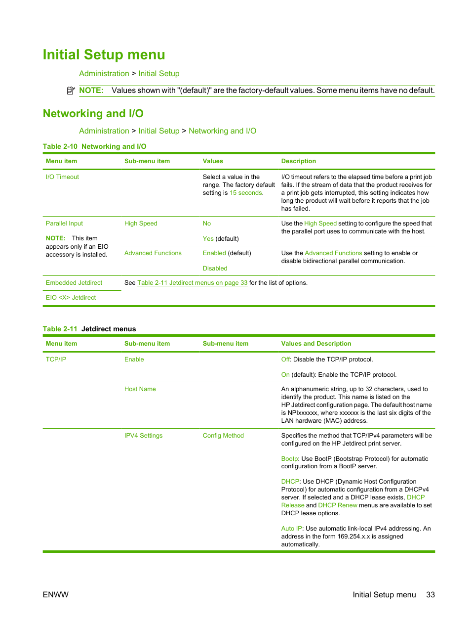 Initial setup menu, Networking and i/o | HP CM3530 User Manual | Page 47 / 302