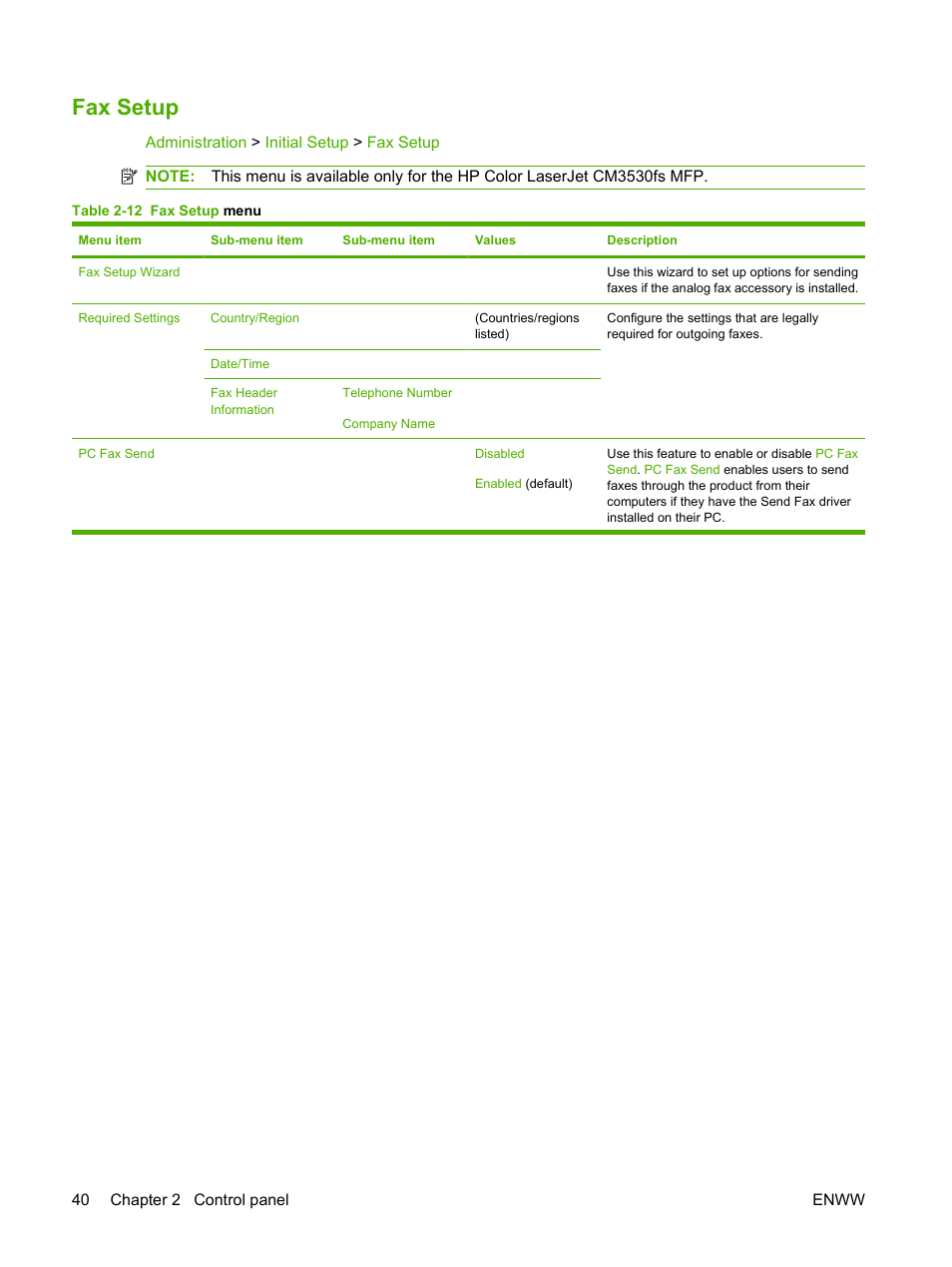 Fax setup | HP CM3530 User Manual | Page 54 / 302