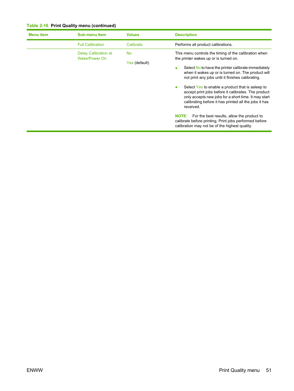 Enww print quality menu 51 | HP CM3530 User Manual | Page 65 / 302