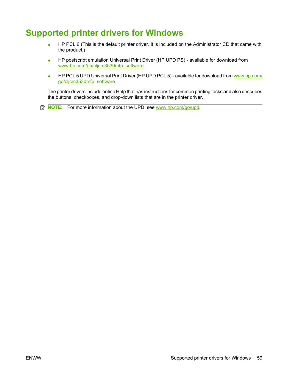 Supported printer drivers for windows | HP CM3530 User Manual | Page 73 / 302