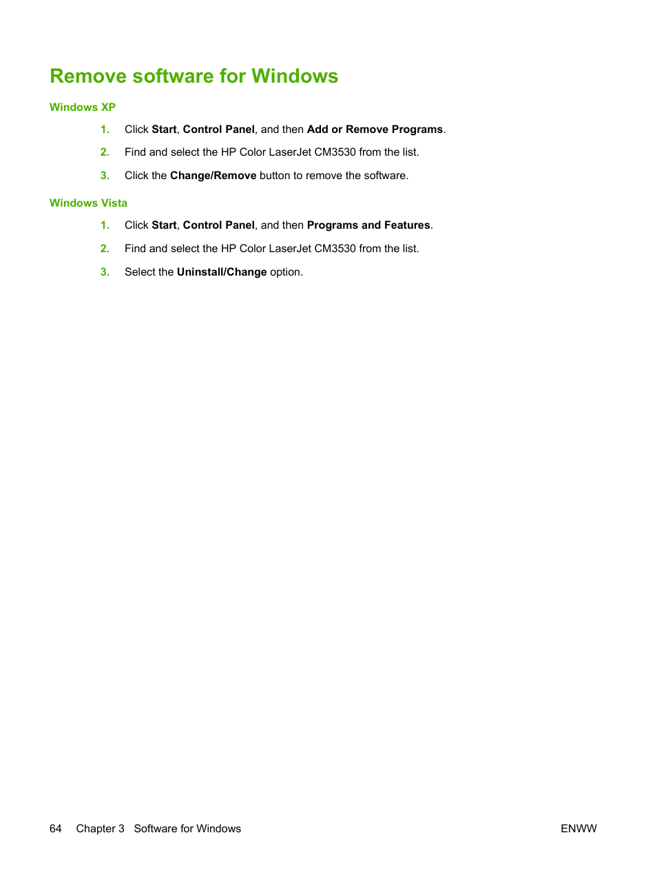 Remove software for windows | HP CM3530 User Manual | Page 78 / 302